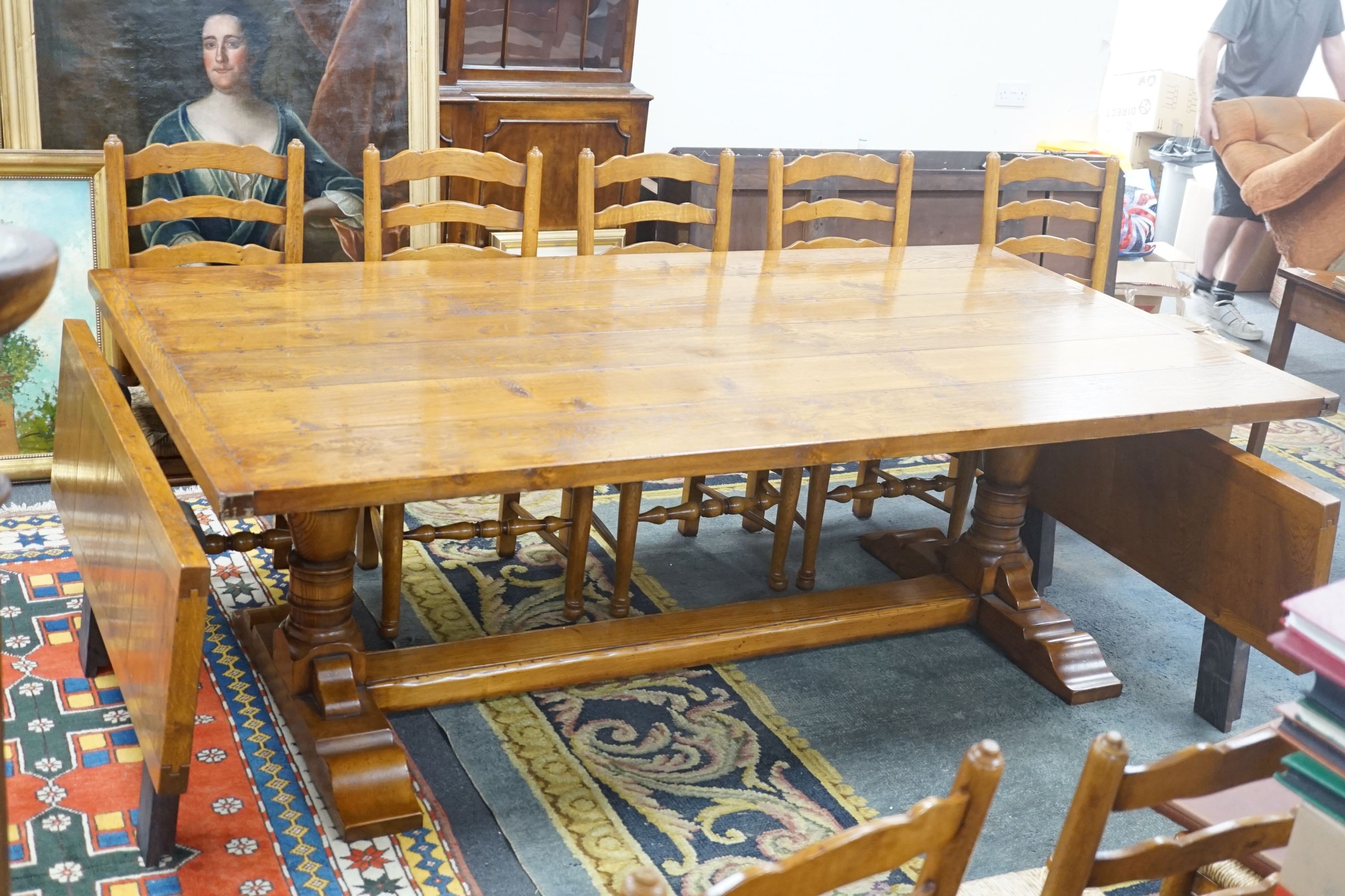 A good 18th century style Belvedere Furniture rectangular light oak refectory dining table, with end extensions, length 305cm extended, width 121cm, height 76cm